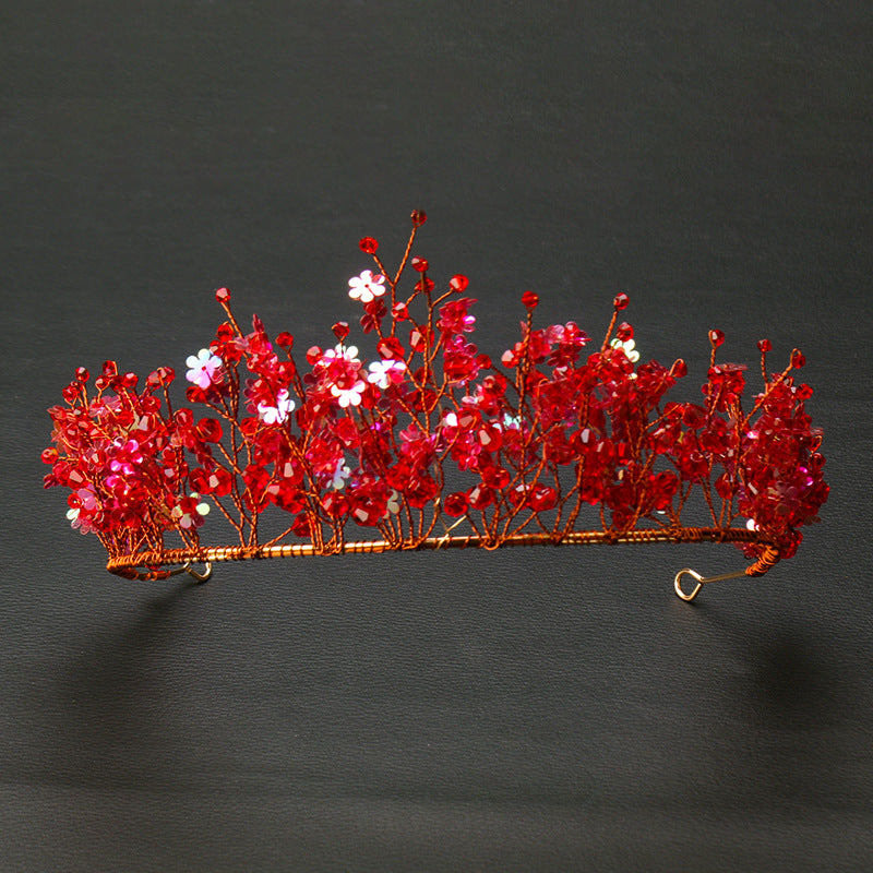 Handmade Hair Ornaments Red Crystal Crown Chinese Wedding Headdress