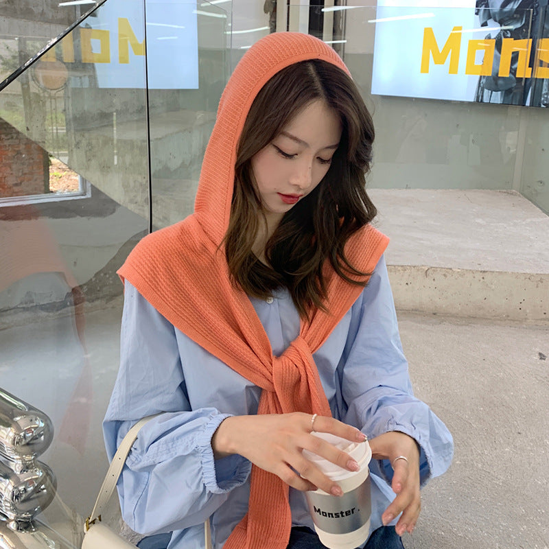 Women's Autumn Winter Wool Straight Stripe Hooded Shawl