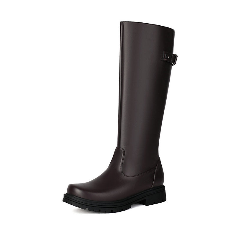 Womens Retro British-Style Leather Belt-Buckle Riding Boots