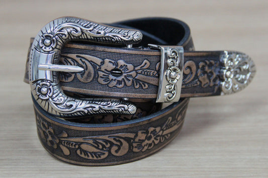 First layer cowhide small rose carved ladies belt