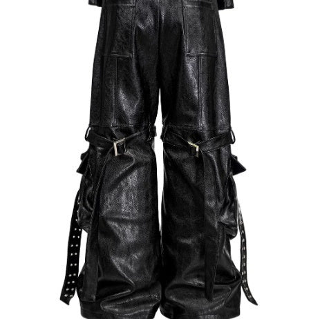 Leather Pants With A Double-waistband Design And Flowing Ribbons