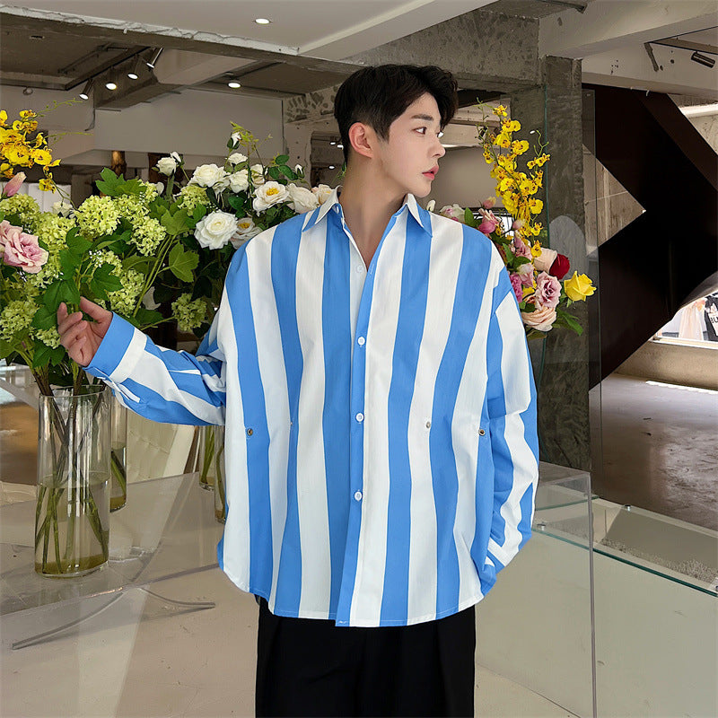 Design Button Waist Press Pleats Oversize Striped Shirt Men
