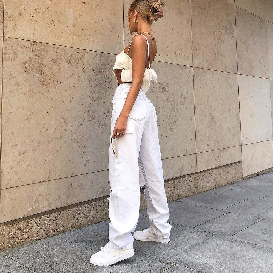 Women's Europe And America Big Hole White Jeans Lady