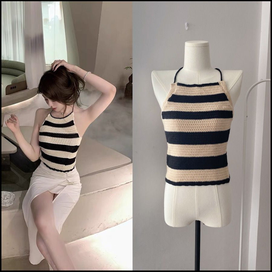 Retro Hot Girl Knitted Camisole Striped Hollow Out