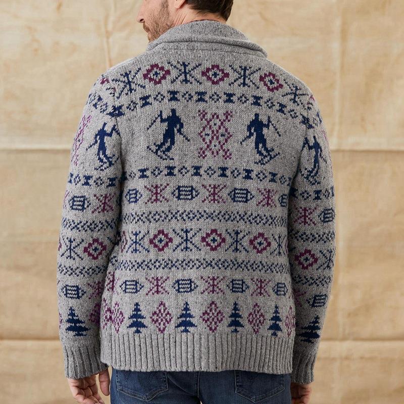 Men's Lapel Long Sleeve Jacquard Casual Sweater Coat