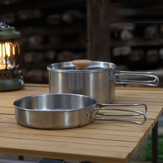 Outdoor Mountaineering 304 Stainless Steel Folding Handle Pot Camping Portable Frying Pan Soup Pot