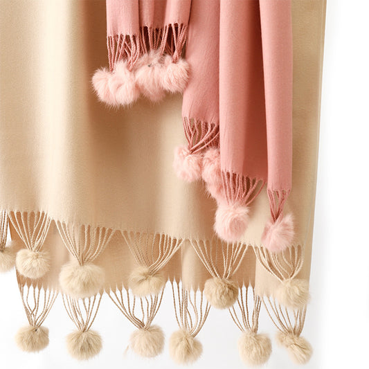 Ensfarvet kaninpels kugle cashmere tørklæde