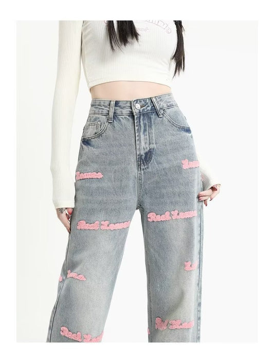European Letter Embroidered Straight Jeans Design