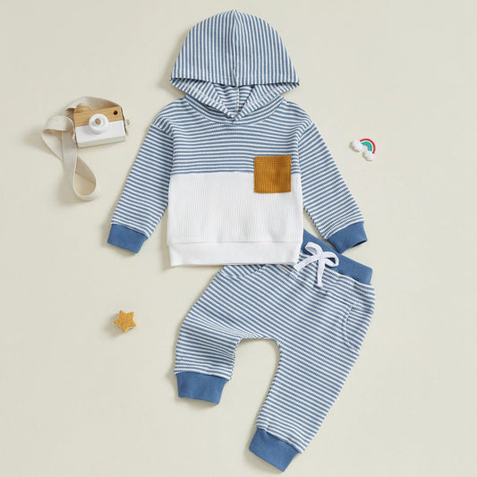 Boys Hooded Long-sleeve Waffle-striped Long-sleeve Pants Set