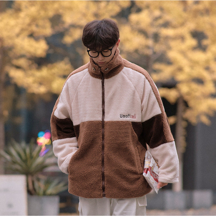 Lovers Lazy Style Color Matching Loose Lamb Down Thick Cotton Jacket