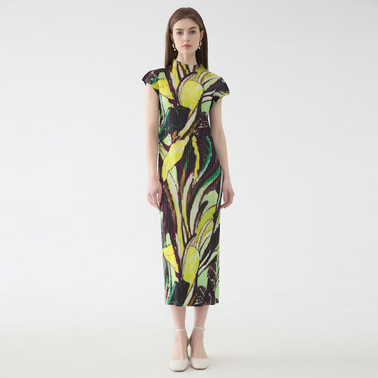 Flounced Sleeve Printed Pleated Dress