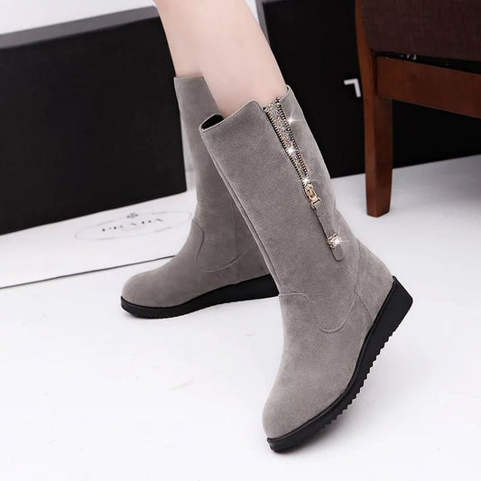 Women's Plus Size Mid-top Frosted Side Zipper Flat Boots