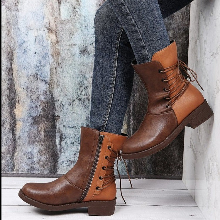 Women's New European And American Style Retro Lace-up Rivet Thick Heel Women's Boots