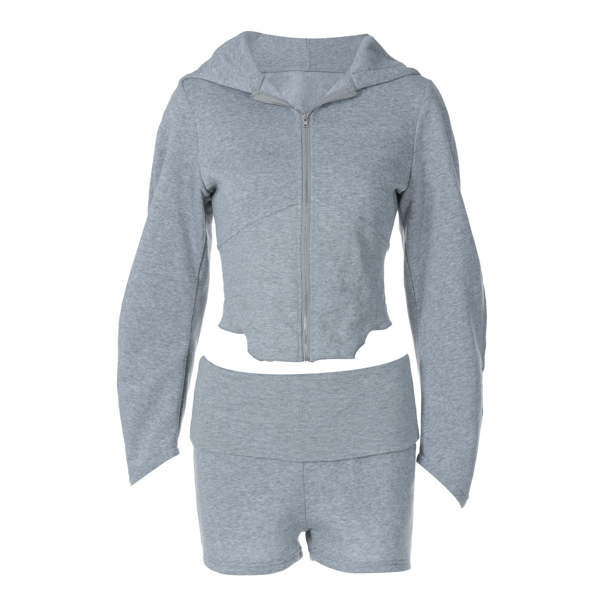 Zipper Long Sleeve Hooded Cardigan Coat Top Shorts Two-piece Set