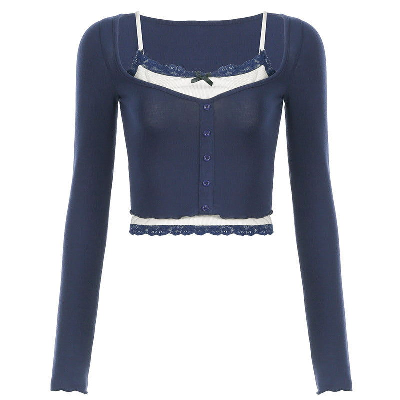 Lace-Panel Bow-Trimed Camisole With Long Sleeves