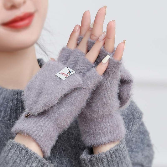 Plush Winter Half Finger Flap Warm Thickened Mink Like Knitting Gloves