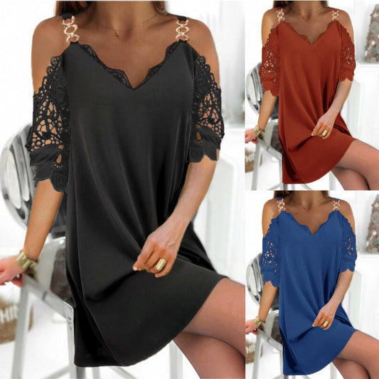 Solid Lace Three-quarter Sleeve Straight V-Neck Dress