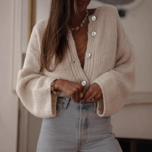 New French Elegant Solid Color Single-breasted Sweater Women