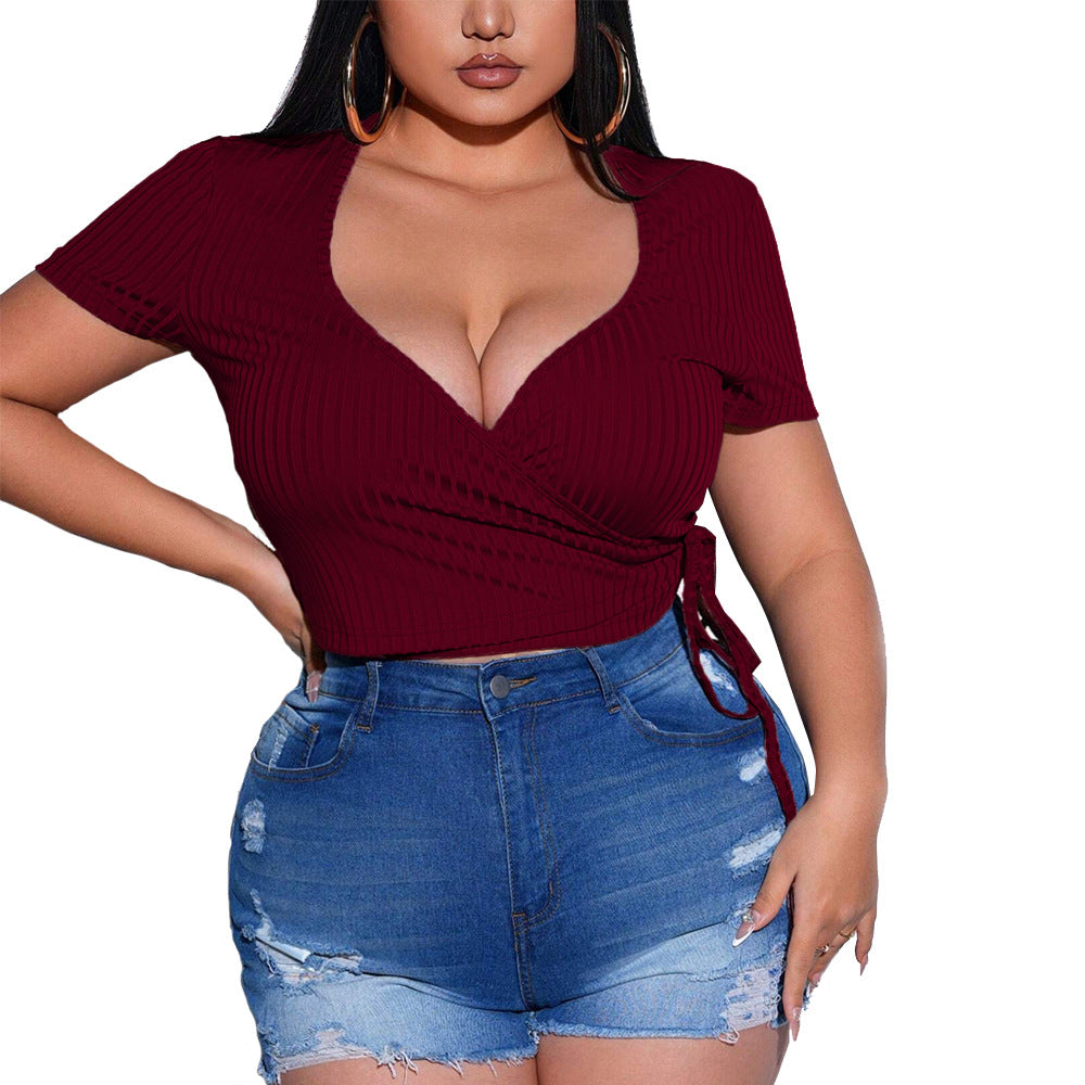 Sexy V-neck Slim-fit Short Sleeve Solid Color Knit T-shirt For Women