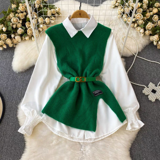Slit Knitted Vest Shirt Western Style Youthful-looking Two-piece Set