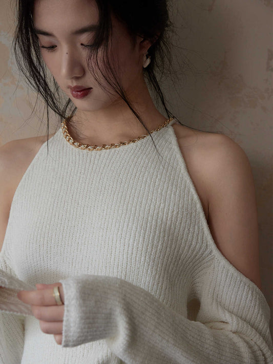 Chain Embellished Neckline Shoulder-baring Sweater