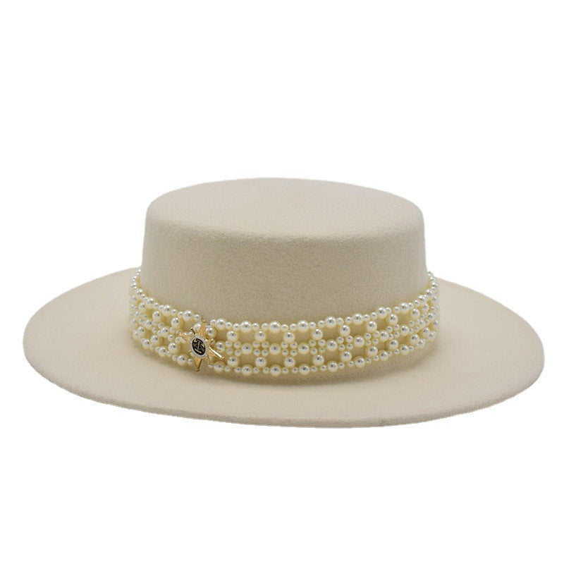 Wide Brim Flat Top Woolen Hat Women's Pearl Chain Felt Cap