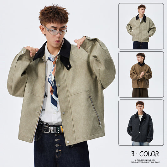Large Size Men's PU Leather Coat Polo Collar Jacket