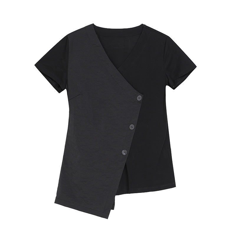 Summer New Women's Short Sleeve Slim Fit V-neck Stitching Personality Wrong Top