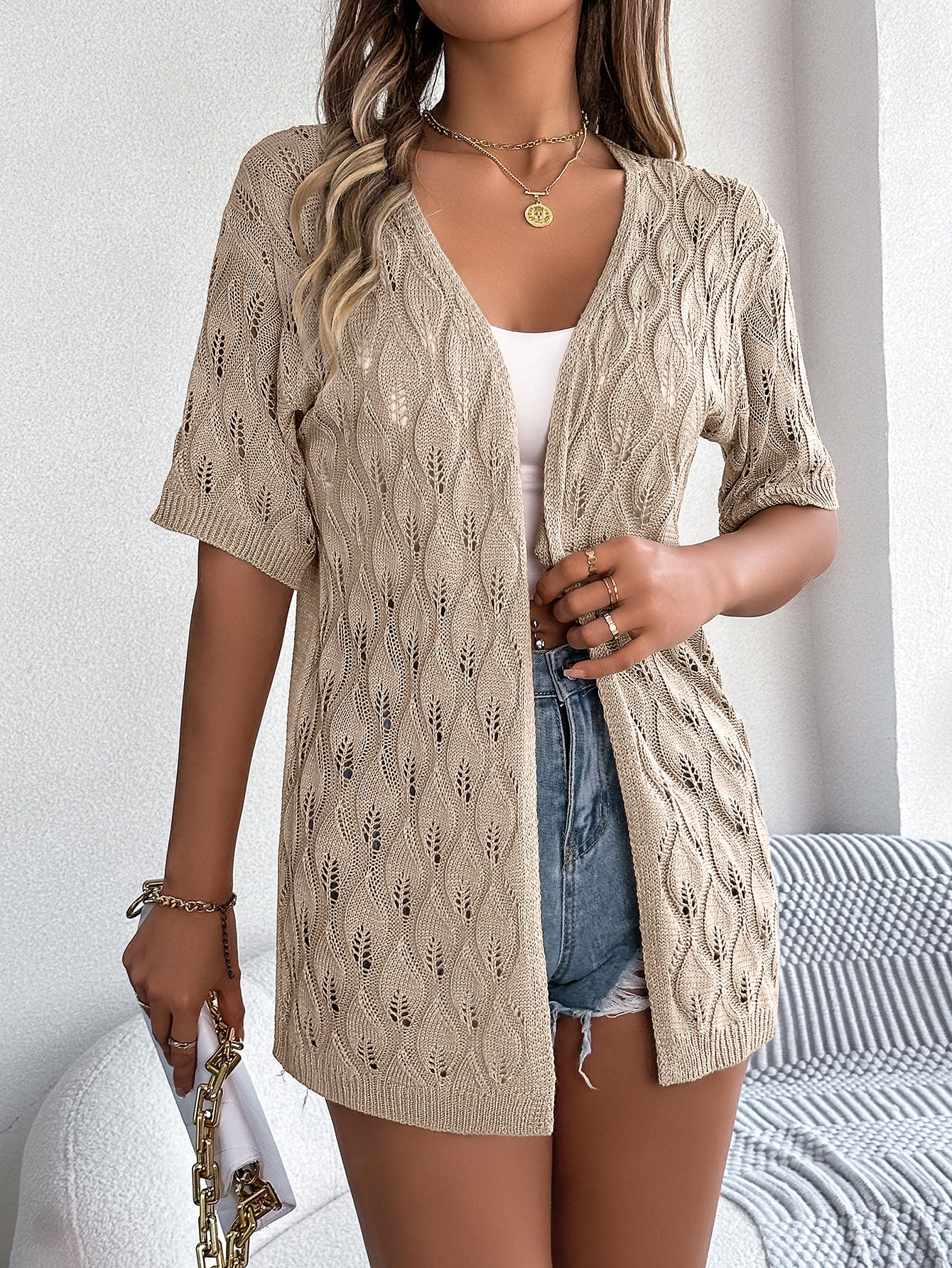Women S Leaf Hollow Out Short Sleeve Knit Cardigan Vacation Cover-Up