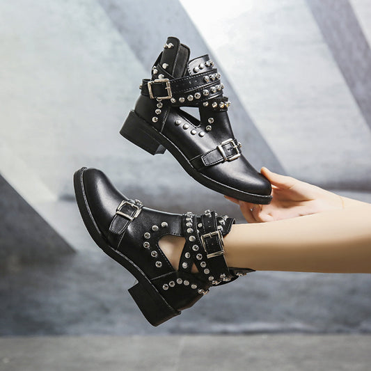 Chunky Heel Rivet Belt Buckle Short Boots