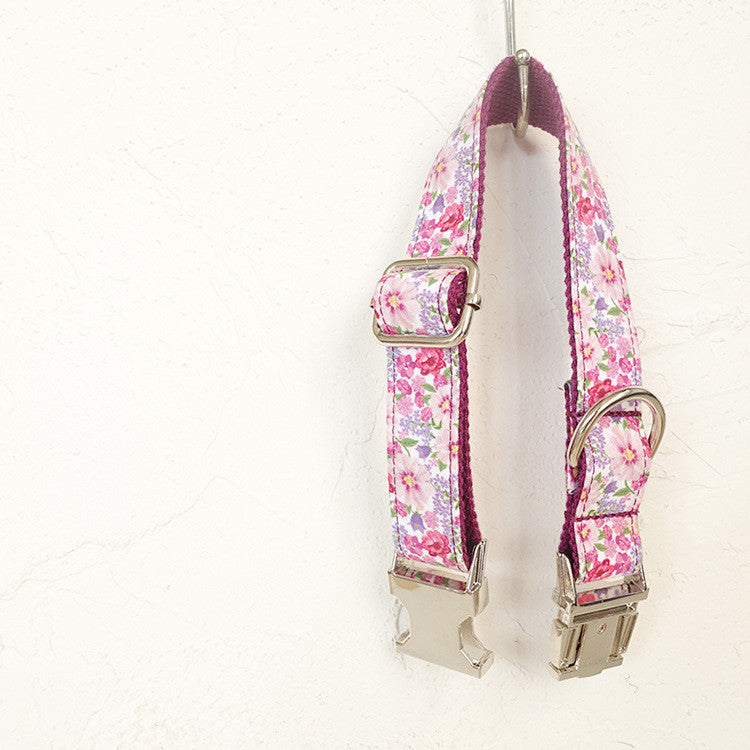 Purple Flower Metal Buckle Durable Dog Collar
