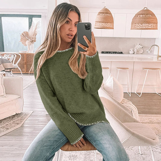 Simple Commute Leisure Pullover Trim Round Neck Knitted Sweater