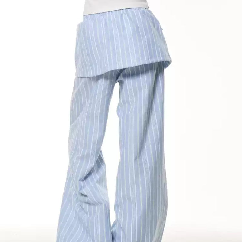 Vintage Stripe Fake Two Pieces Dungarees Women's Loose Straight