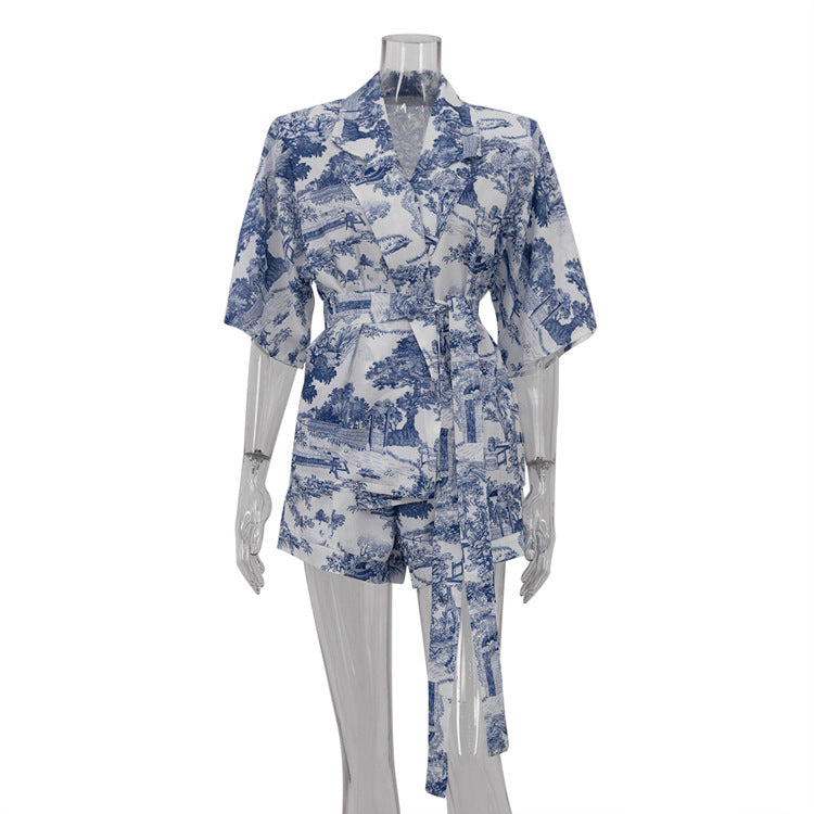 Womens Chinese-style Floral-print Top And Shorts Two-piece Set