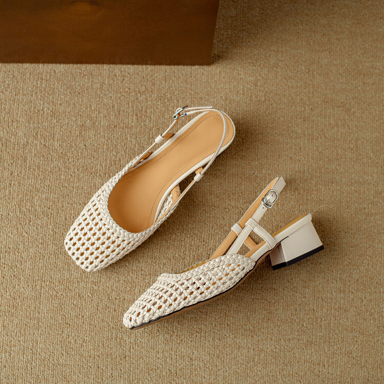 Woven Hollow-out Closed Toe Sandals Women's Chunky Heel Shoes
