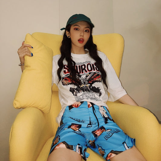 Europe and the United States street summer vacation wind loose BF couple models beach hip hop graffiti tie rope casual shorts