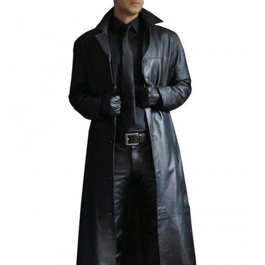 Men's Lapel Color Windbreaker Style Slim Leather Long Leather Jacket