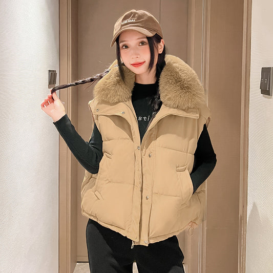 Women's Big Fur Collar Loose Down Cotton Vest Short Zipper