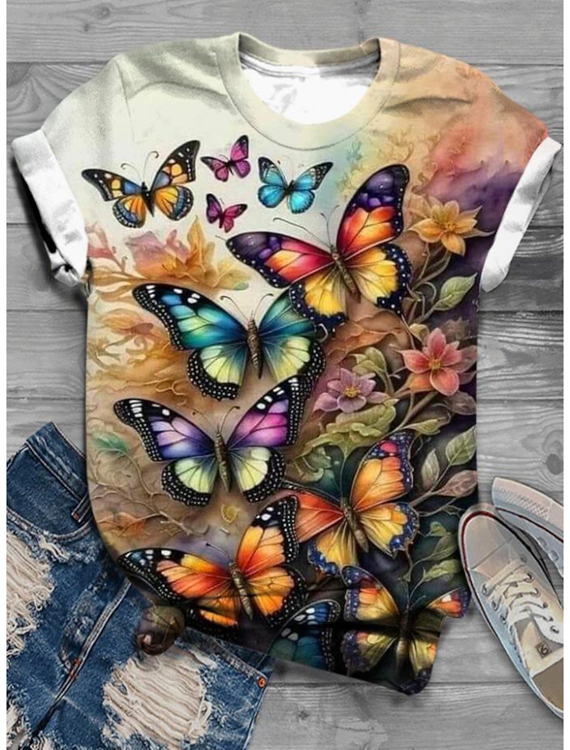 Women's T-shirt White Pink Blue Printed Short Sleeve