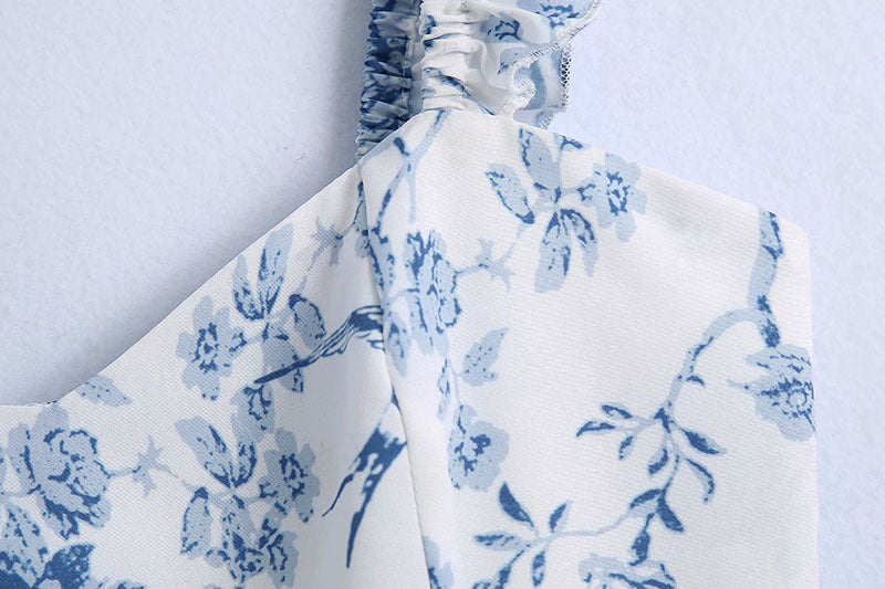 Retro Blue And White Porcelain Print Ruffle Sleeve Suspender Short Top