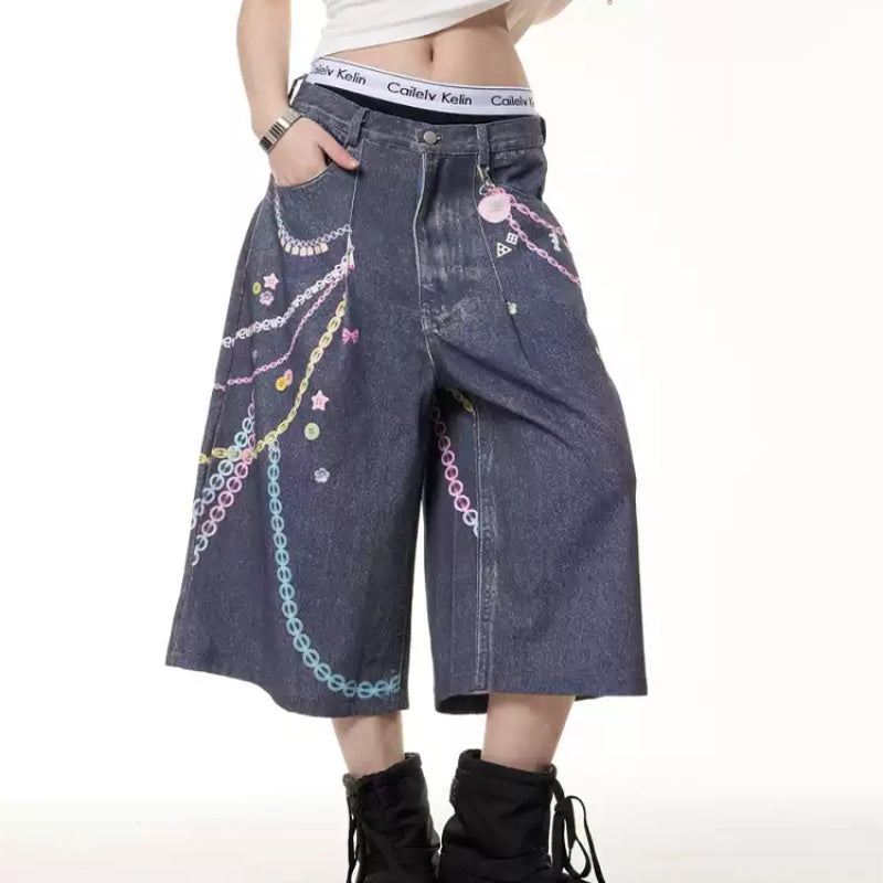 Retro Color Chain Printed Cropped Jeans For Women