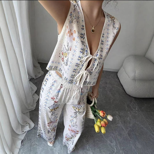 Fashionable Sexy Loose-fit Lace-up Vest Top With Wide-leg Trousers