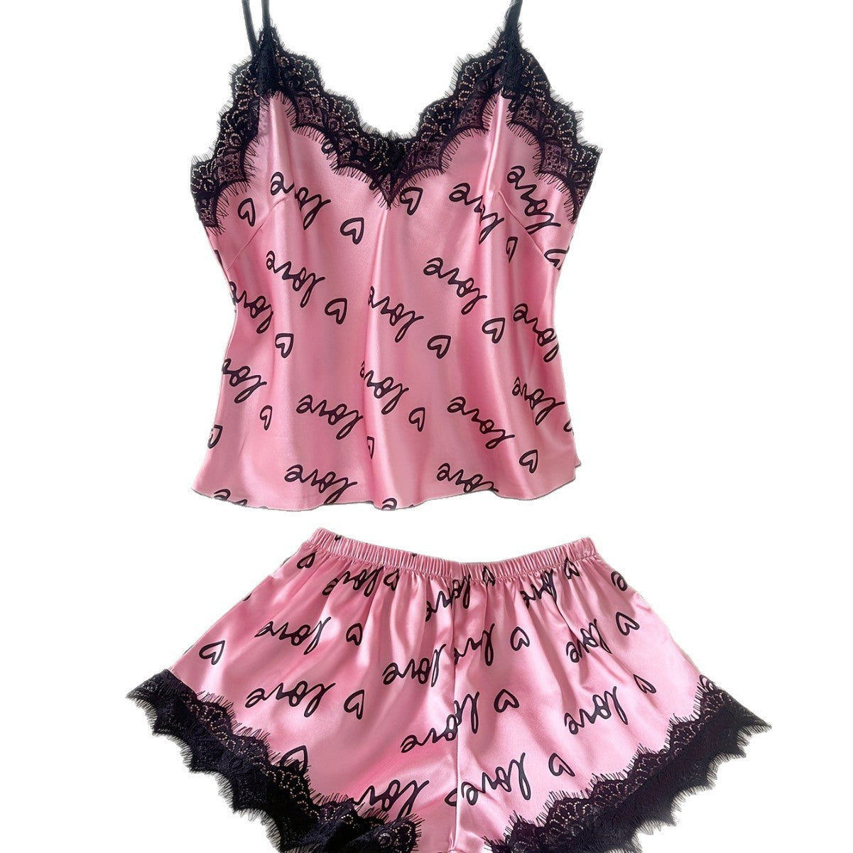 Womens Sleeveless Ice Silk Lace-Trimmed Laced Pajama Set