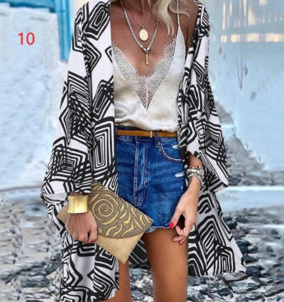 Casual Resort Doll Sleeve Cardigan Print Top Cardigan