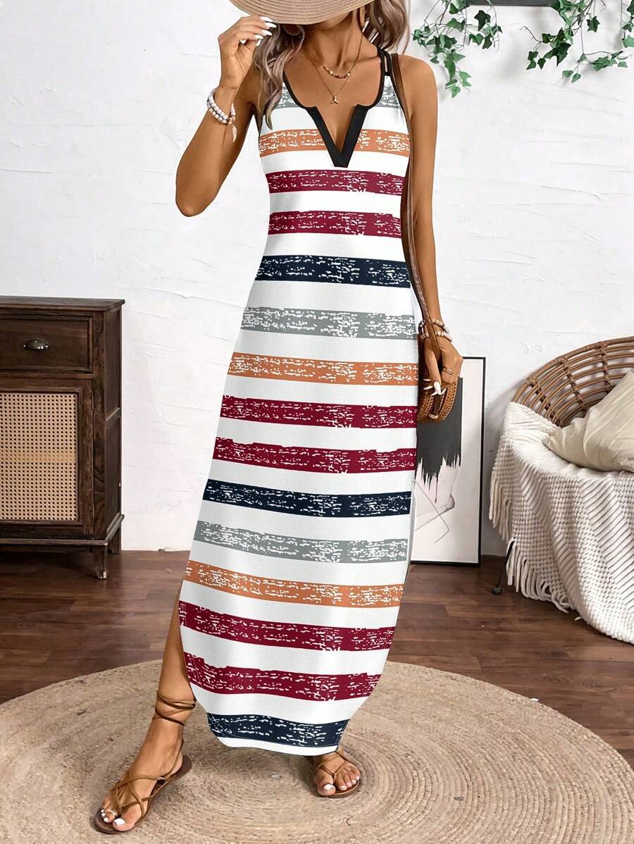 Summer New Sleeveless Strappy Striped Printed Maxi Dress