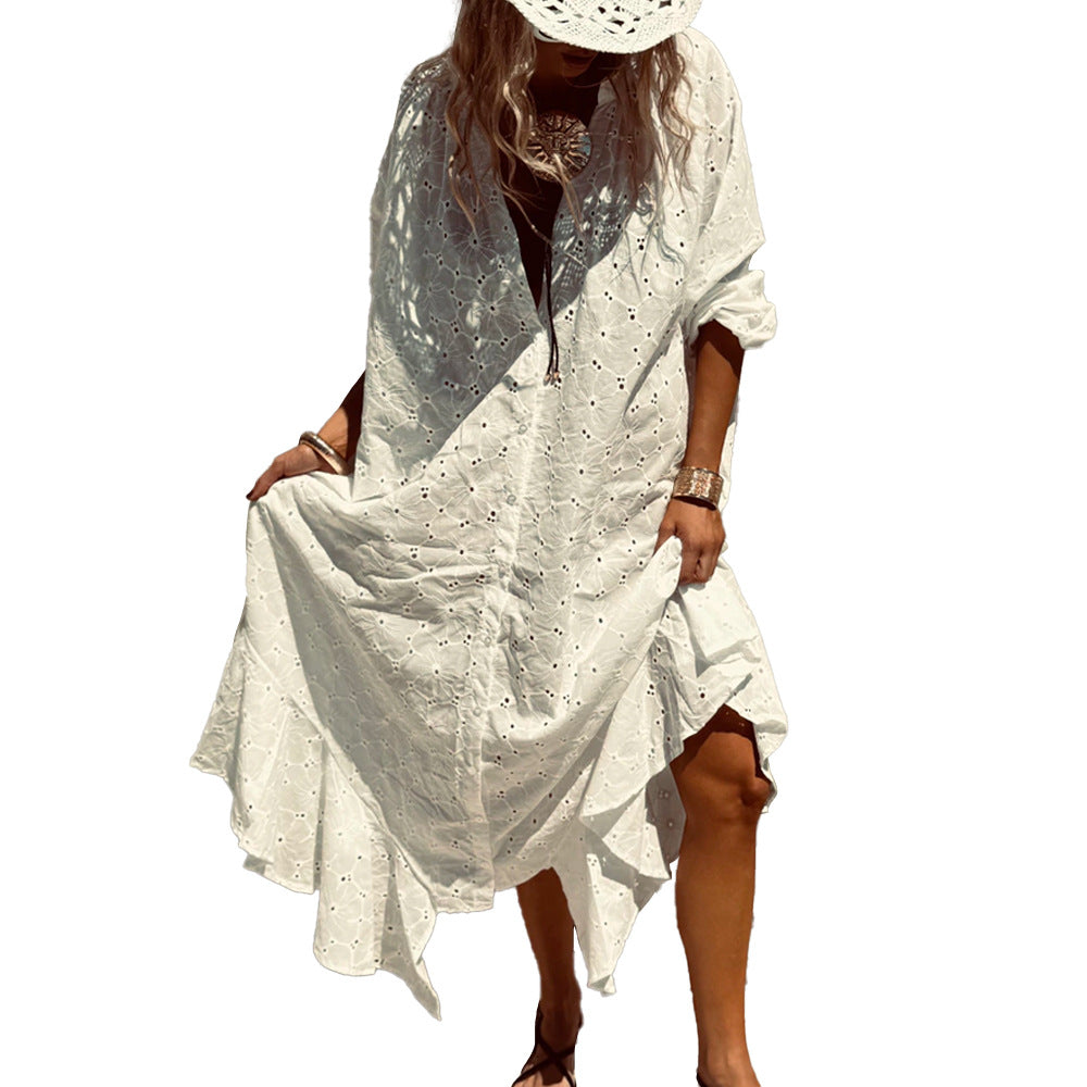 Loose-fitting, Single-breasted Embroidery Dress With Ruffled Hem