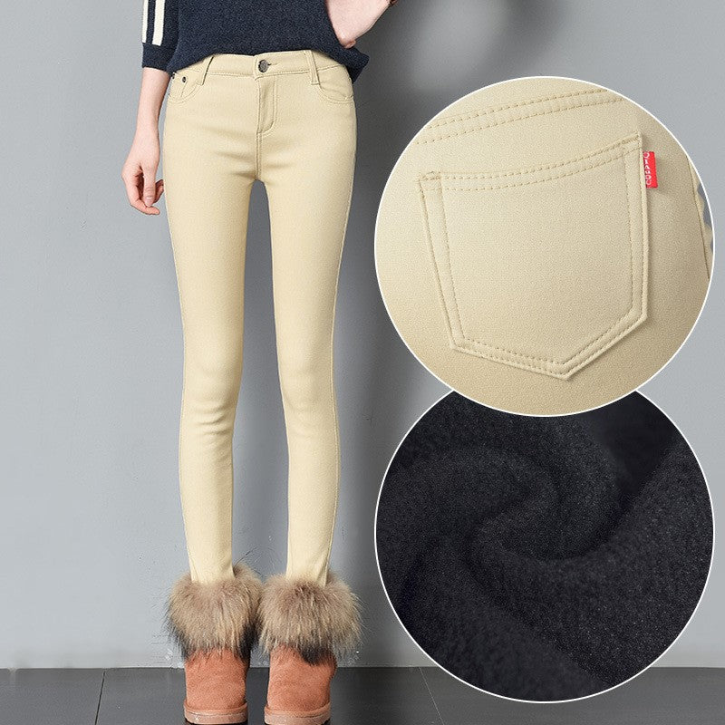 Thick pencil outer wear denim and long plus velvet boots