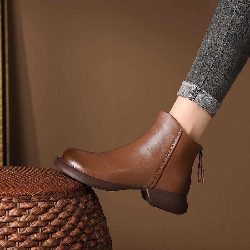 Genuine Leather Retro Western Style Short Boots Women's Autumn Back Zipper