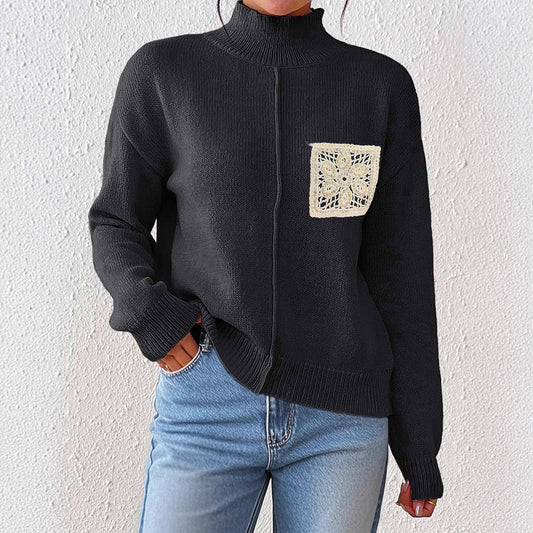 Women's Pure Color Half Collar Sequined Hollow-out Pocket Stitching Sweater