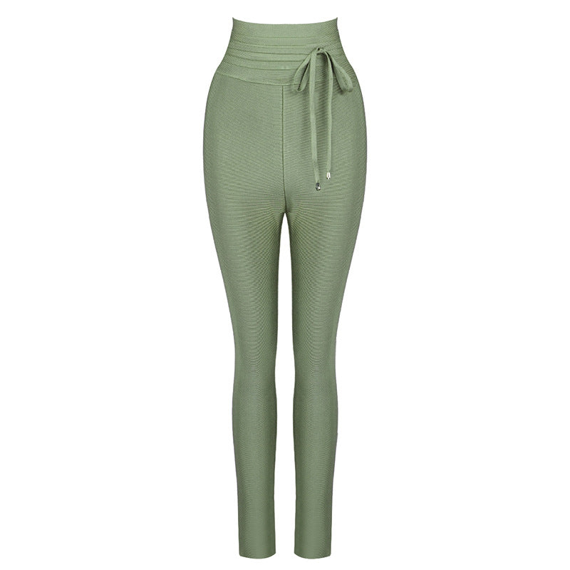 High waist bandage casual solid color thin pencil pants feet